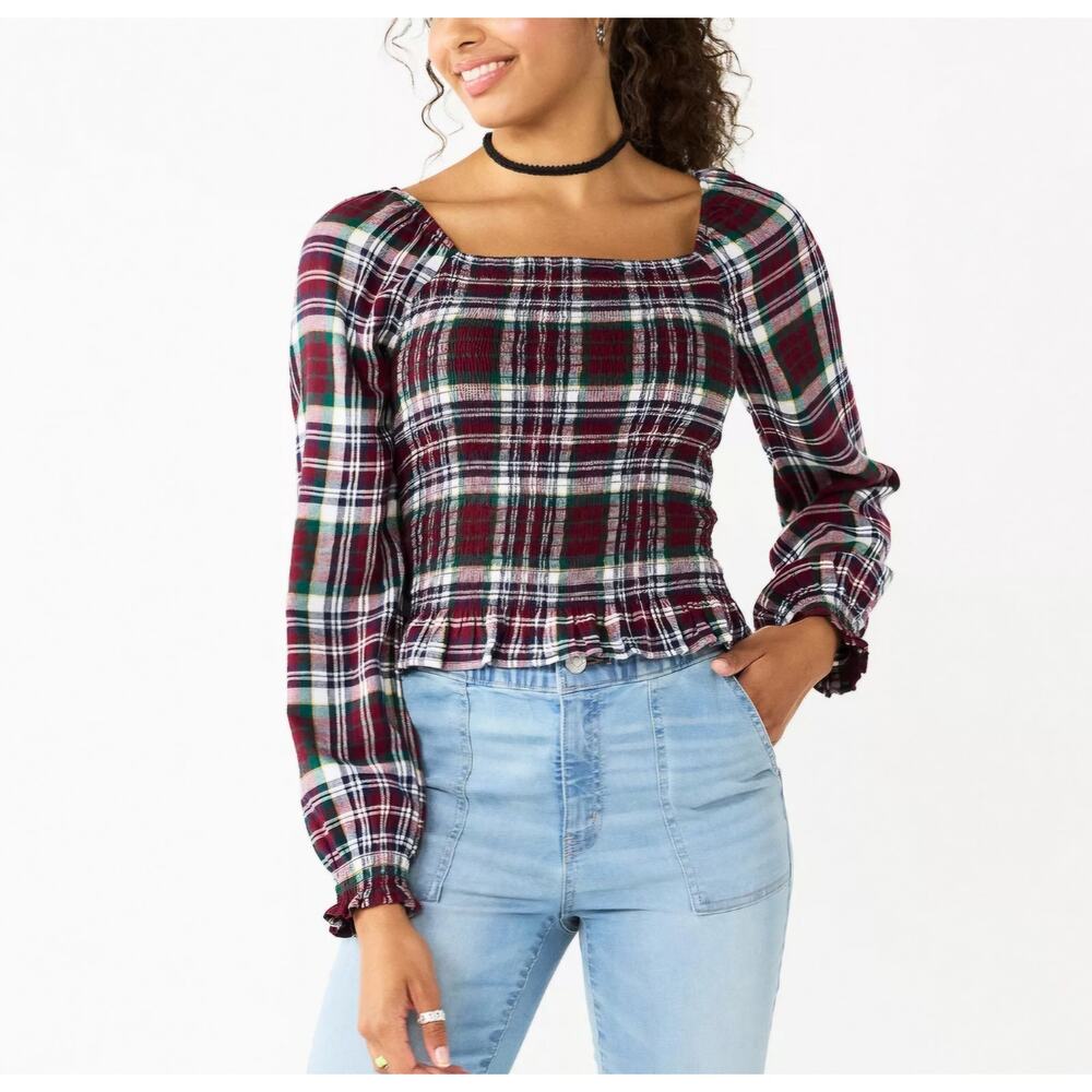 SO Juniors Squareneck Long Sleeves Smocked Tartan Plaid Ruffle Top Size M